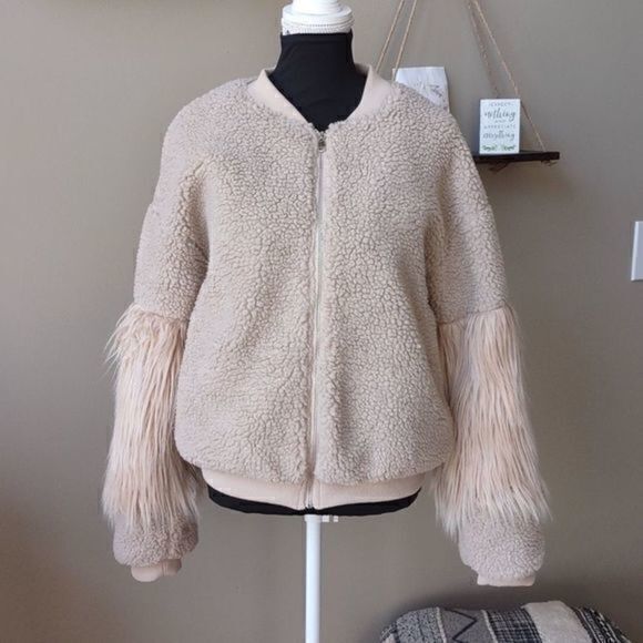 &merci Sherpa Bomber Jacket‎ with Faux Fur Sleeves Sz L - Picture 1 of 10